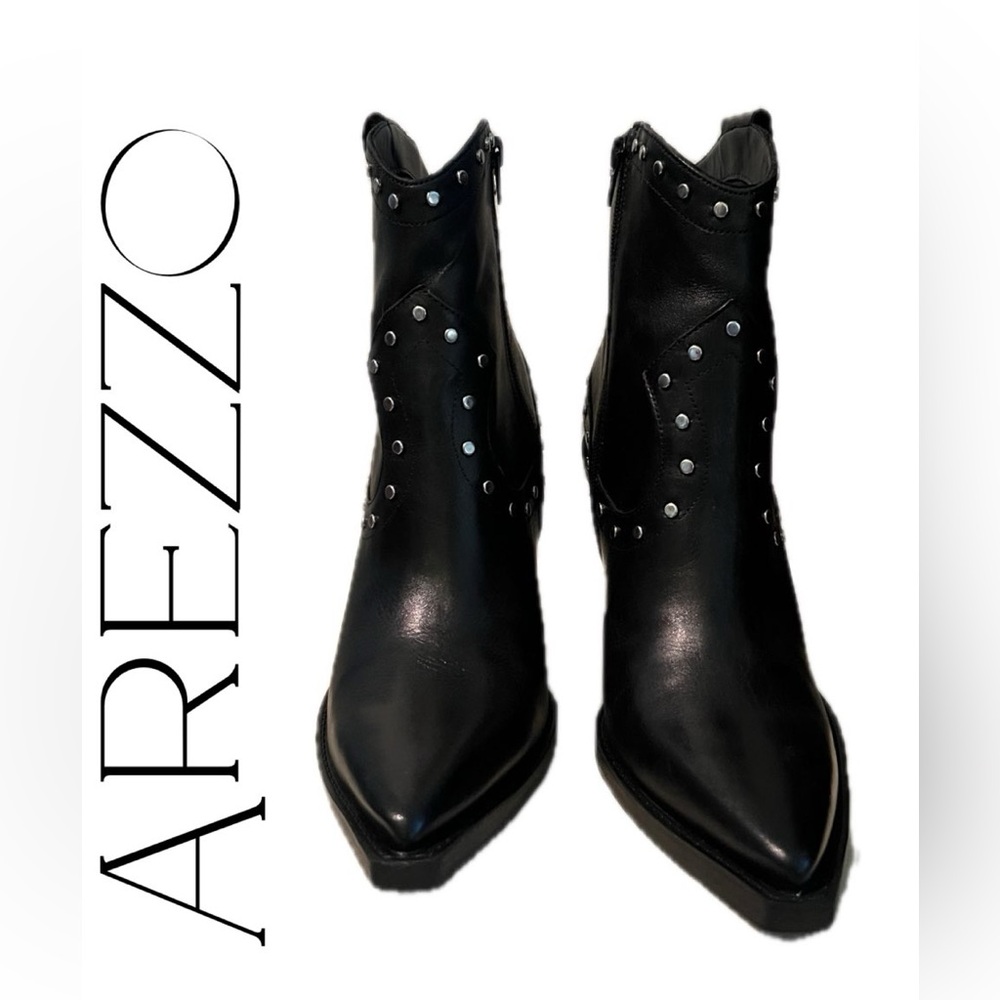 Arezzo Black Leather Moto Ankle Boots with Block Heel and Studs | Size 9.5